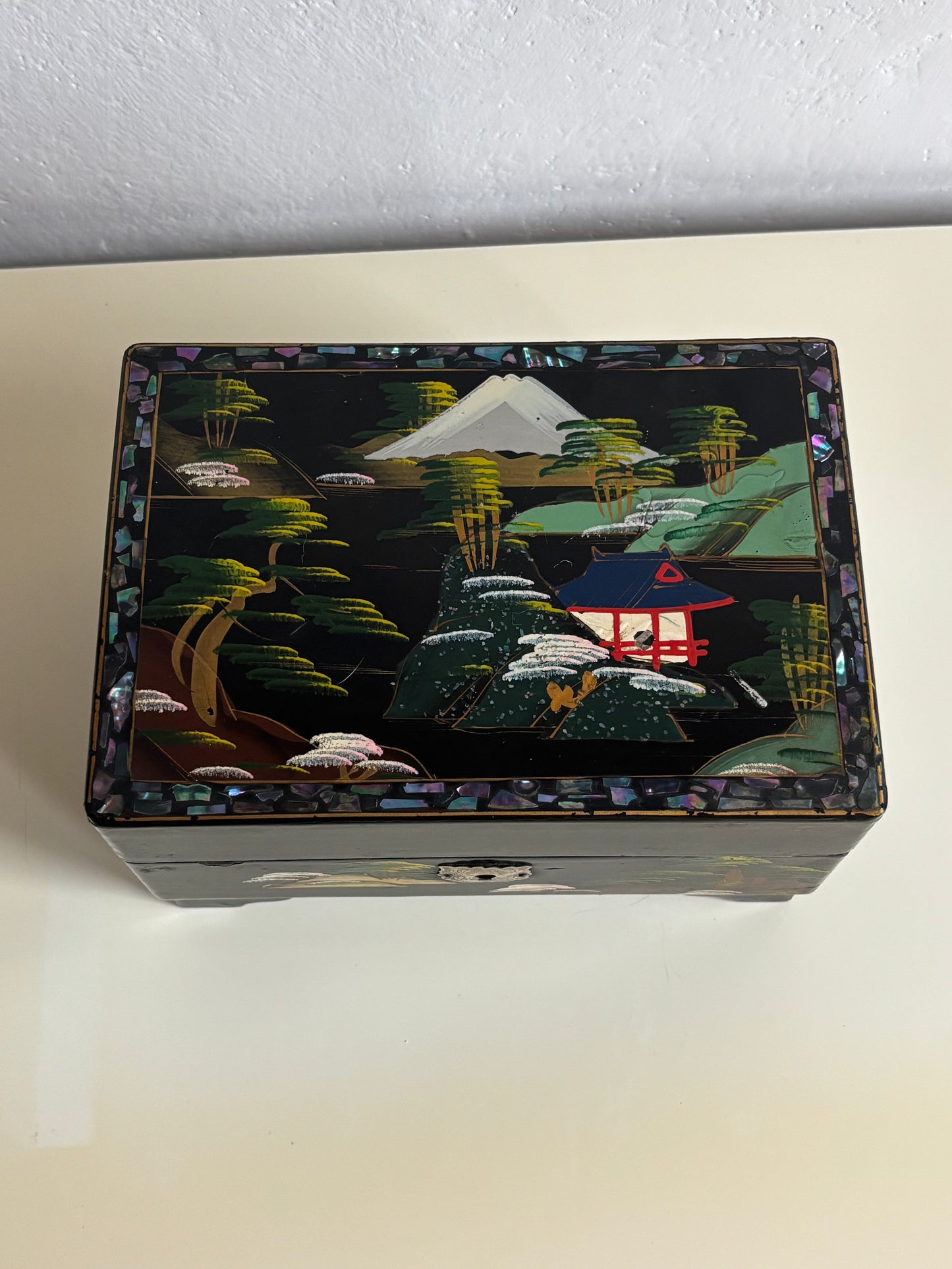 Vintage Japanese Lacquered Jewelry Box with Music Box and Ballerina