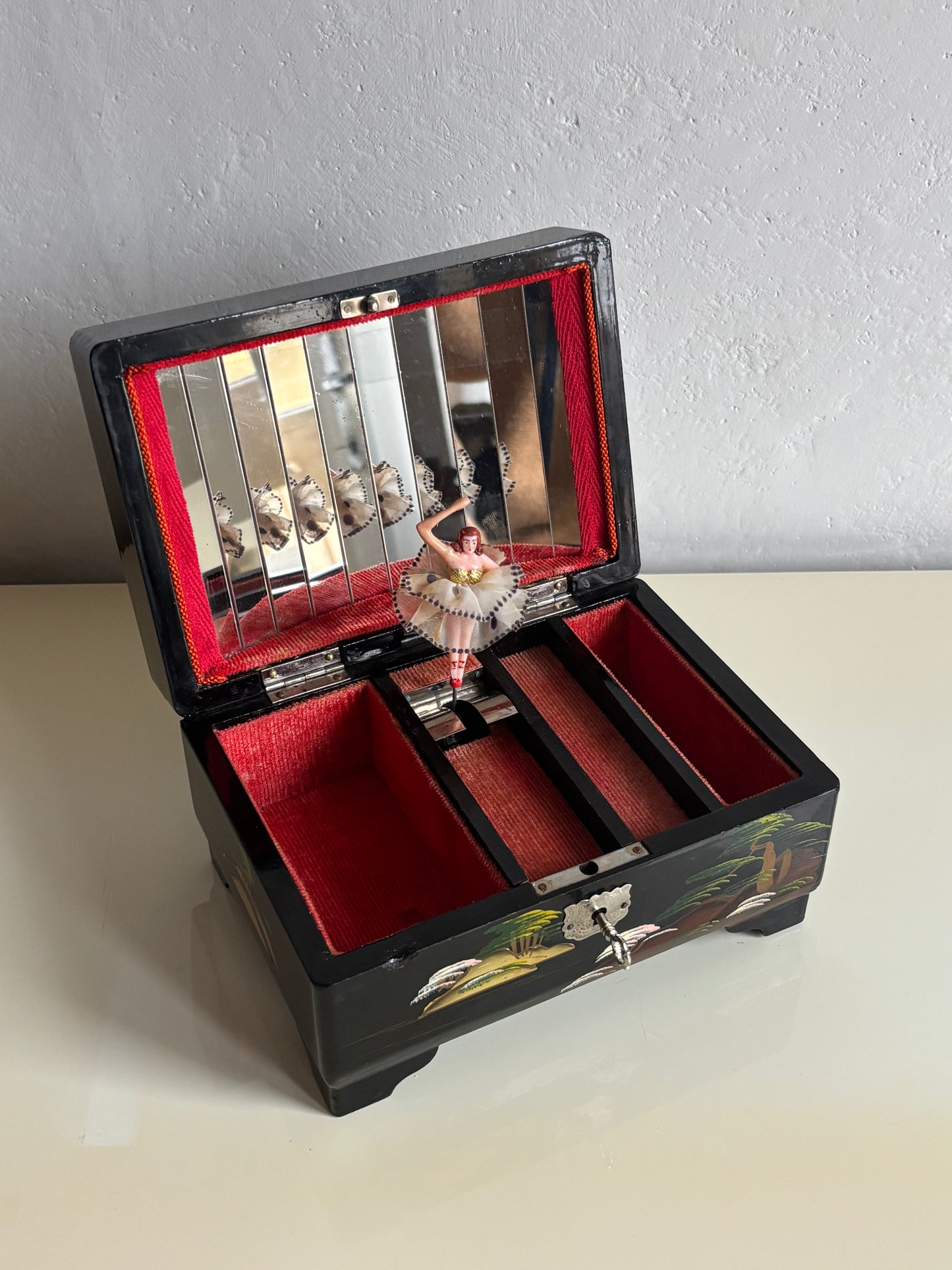 Vintage Japanese Lacquered Jewelry Box with Music Box and Ballerina