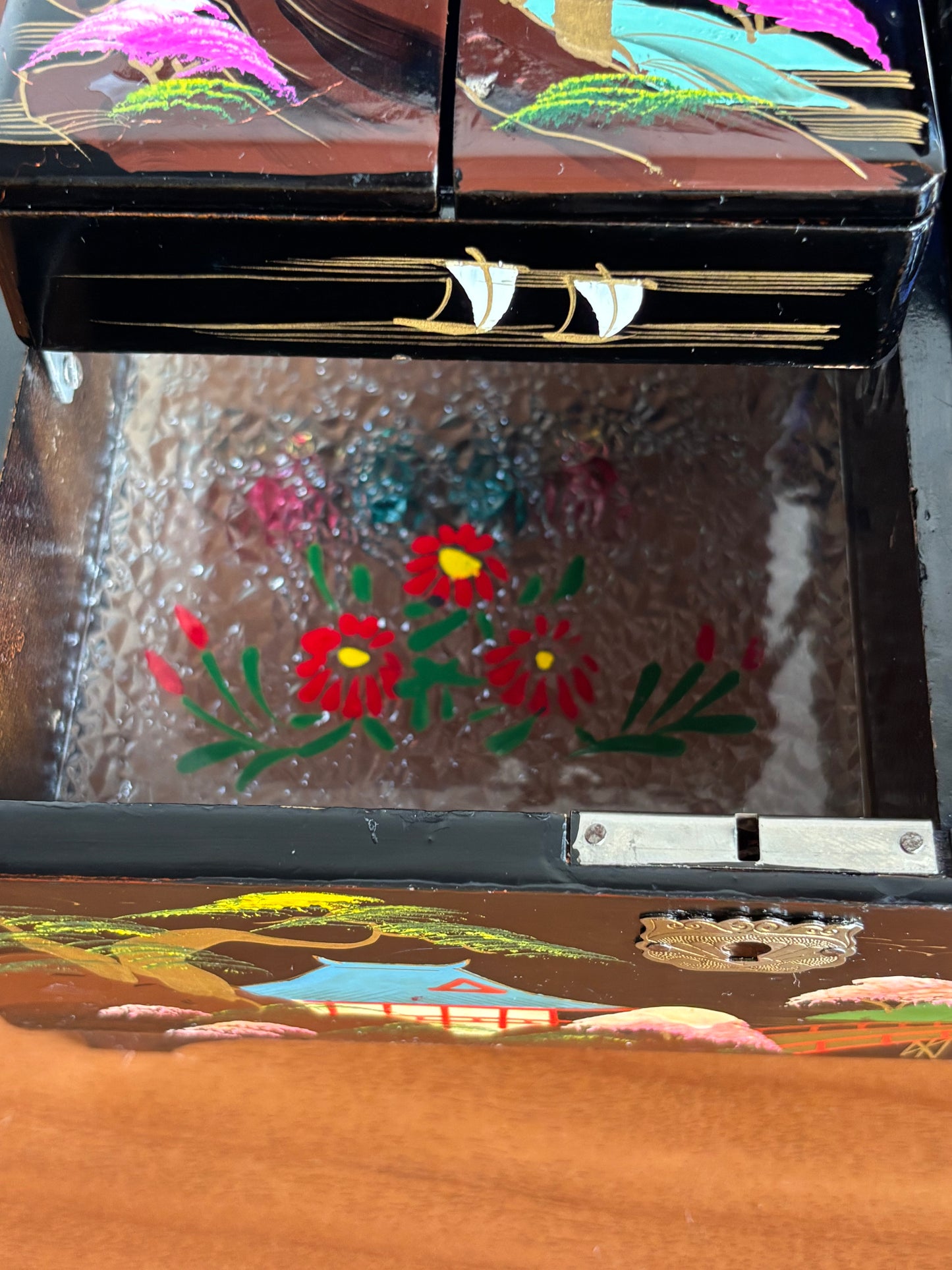 Vintage Japanese Lacquer Jewelry Box with Music Box and Lights