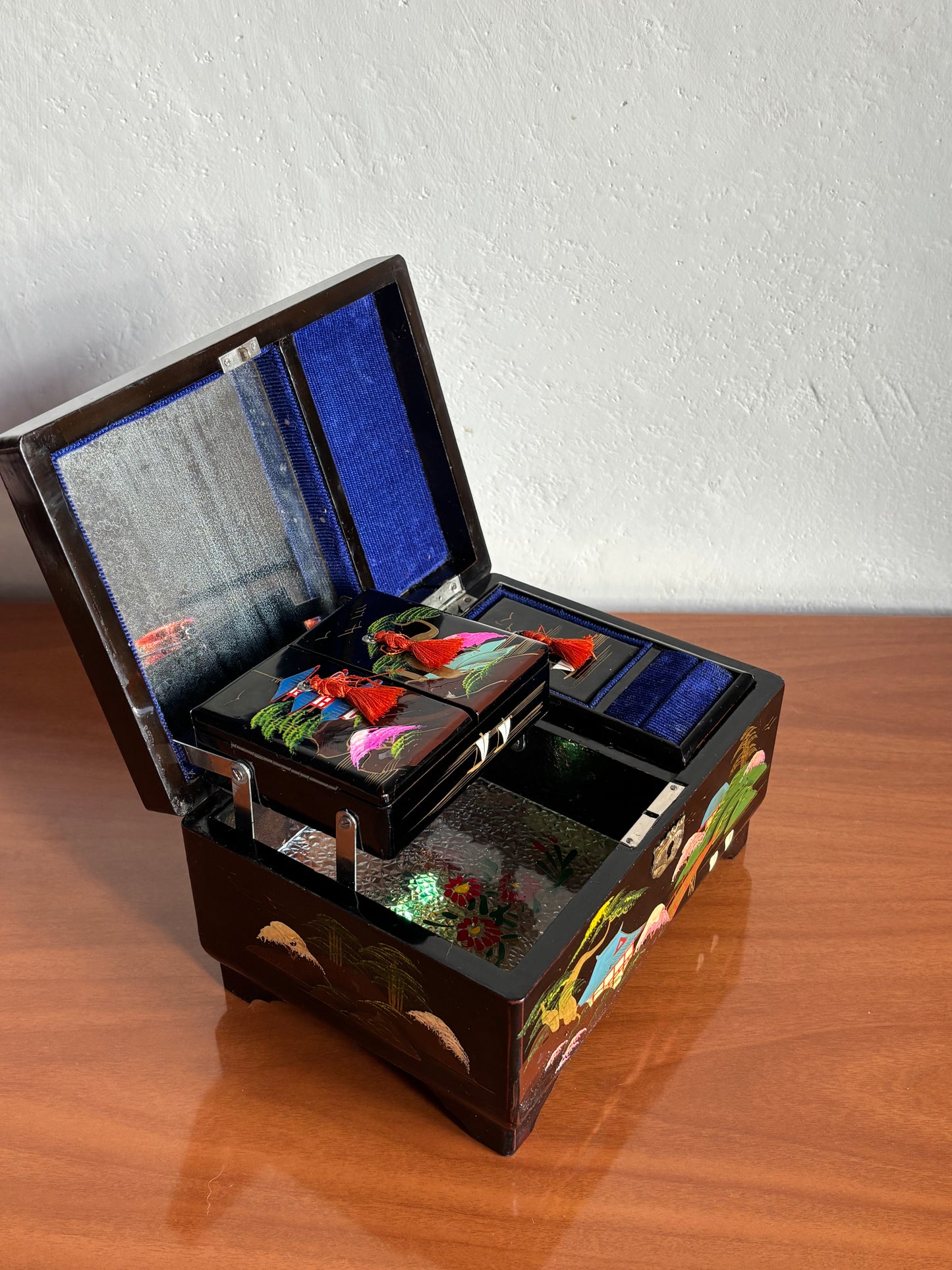 Vintage Japanese Lacquer Jewelry Box with Music Box and Lights