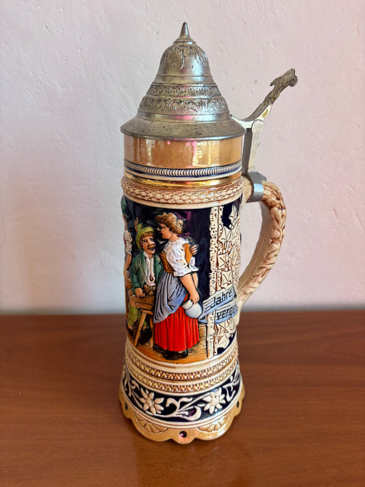 Boccale da Birra Tedesco Musicale Vintage in Ceramica con Coperchio in Metallo e Carillon