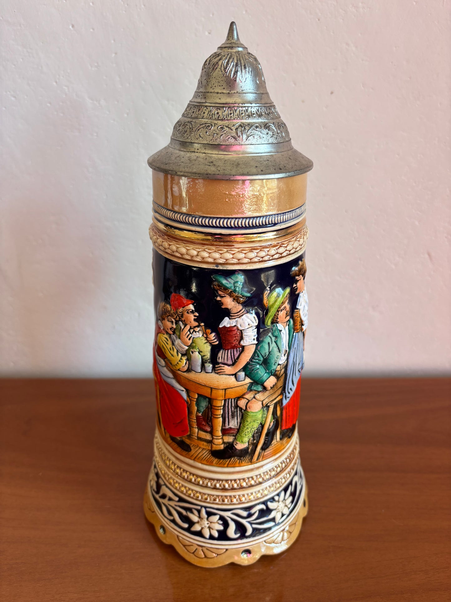 Boccale da Birra Tedesco Musicale Vintage in Ceramica con Coperchio in Metallo e Carillon