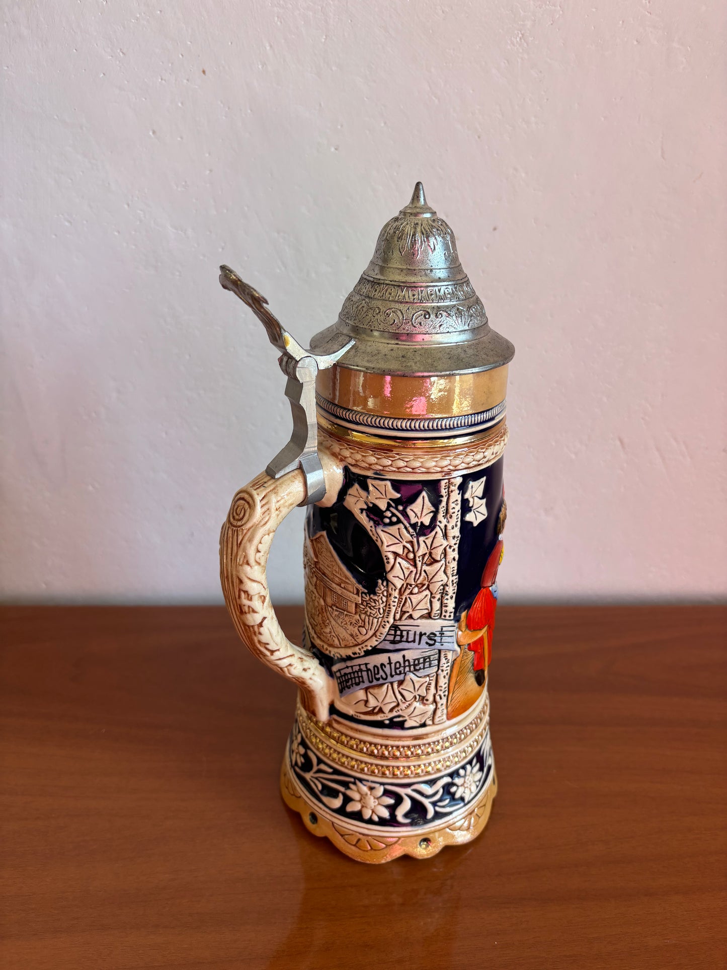 Boccale da Birra Tedesco Musicale Vintage in Ceramica con Coperchio in Metallo e Carillon