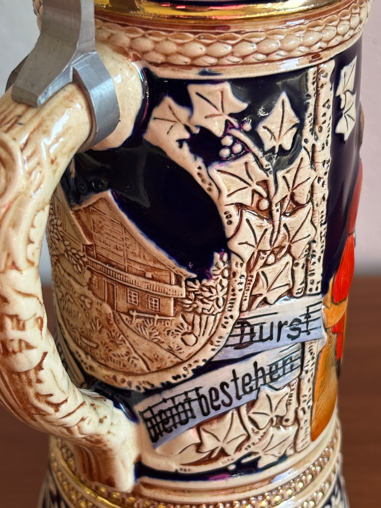Boccale da Birra Tedesco Musicale Vintage in Ceramica con Coperchio in Metallo e Carillon