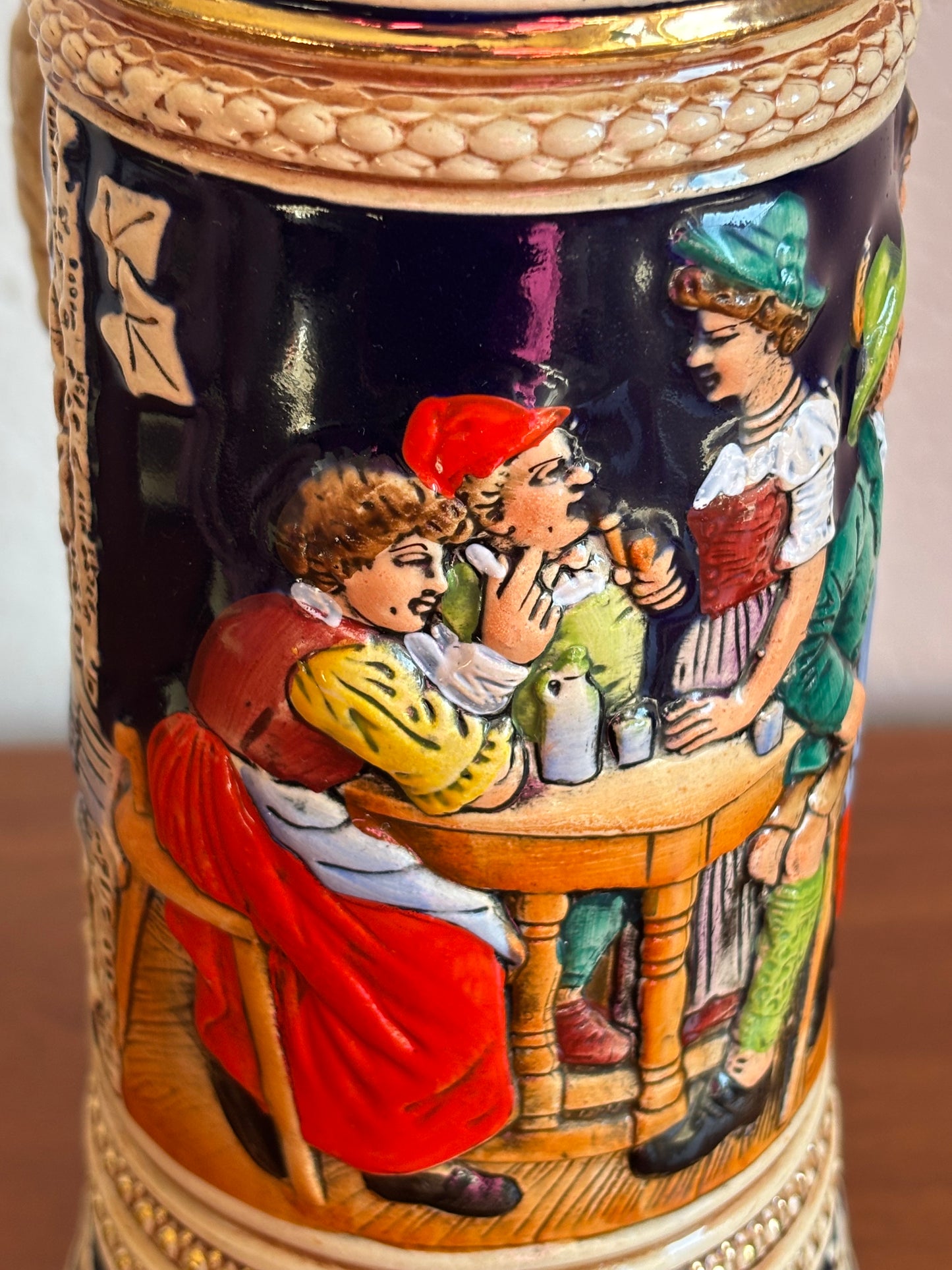 Boccale da Birra Tedesco Musicale Vintage in Ceramica con Coperchio in Metallo e Carillon
