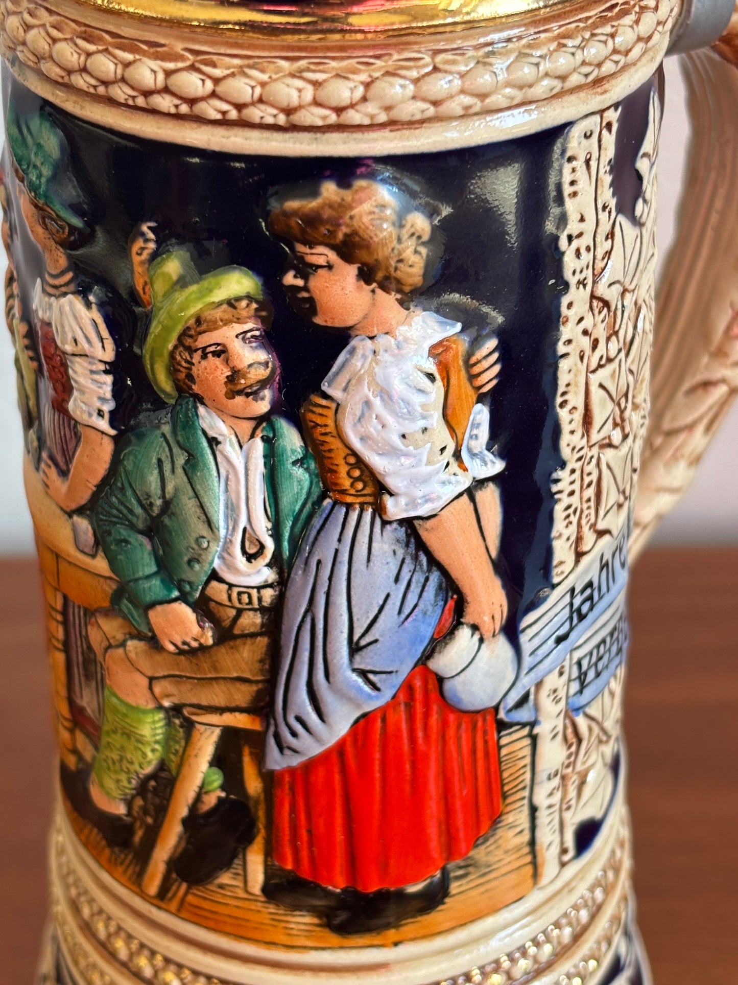 Boccale da Birra Tedesco Musicale Vintage in Ceramica con Coperchio in Metallo e Carillon