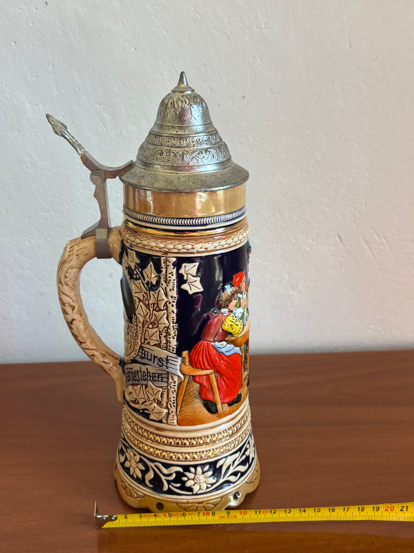 Boccale da Birra Tedesco Musicale Vintage in Ceramica con Coperchio in Metallo e Carillon