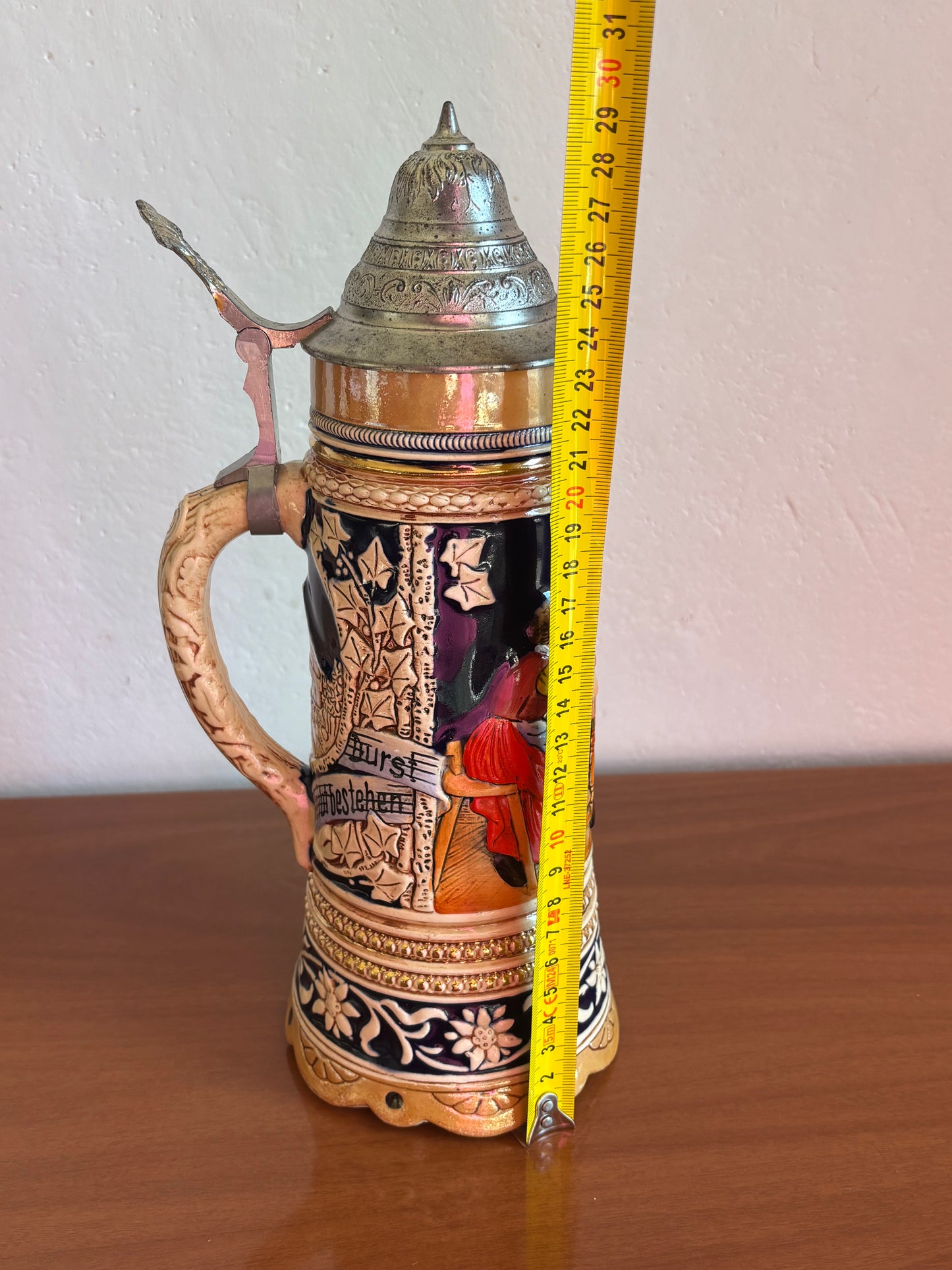 Boccale da Birra Tedesco Musicale Vintage in Ceramica con Coperchio in Metallo e Carillon