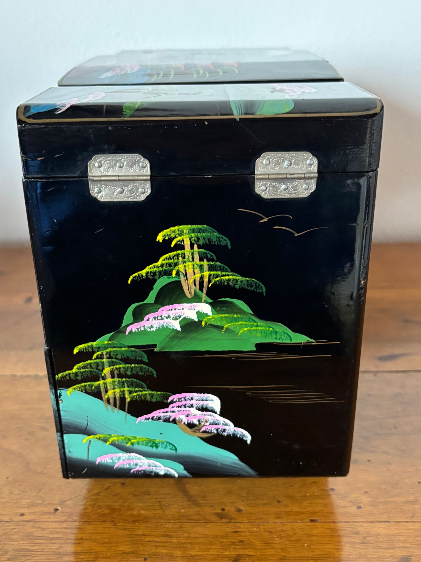 Portagioie giapponese vintage con carillon anni '60-'70 – laccato nero con risciò