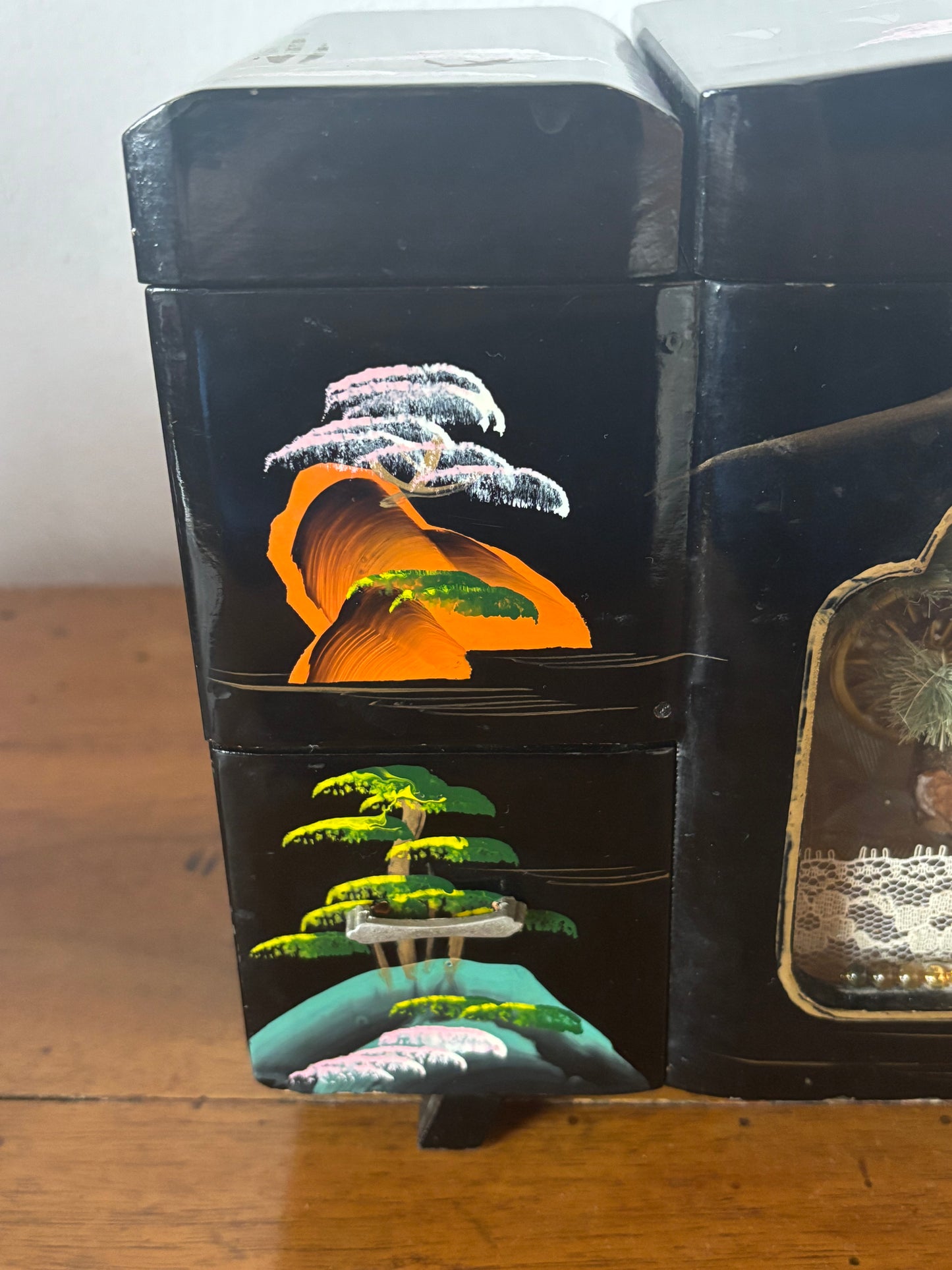 Portagioie giapponese vintage con carillon anni '60-'70 – laccato nero con risciò