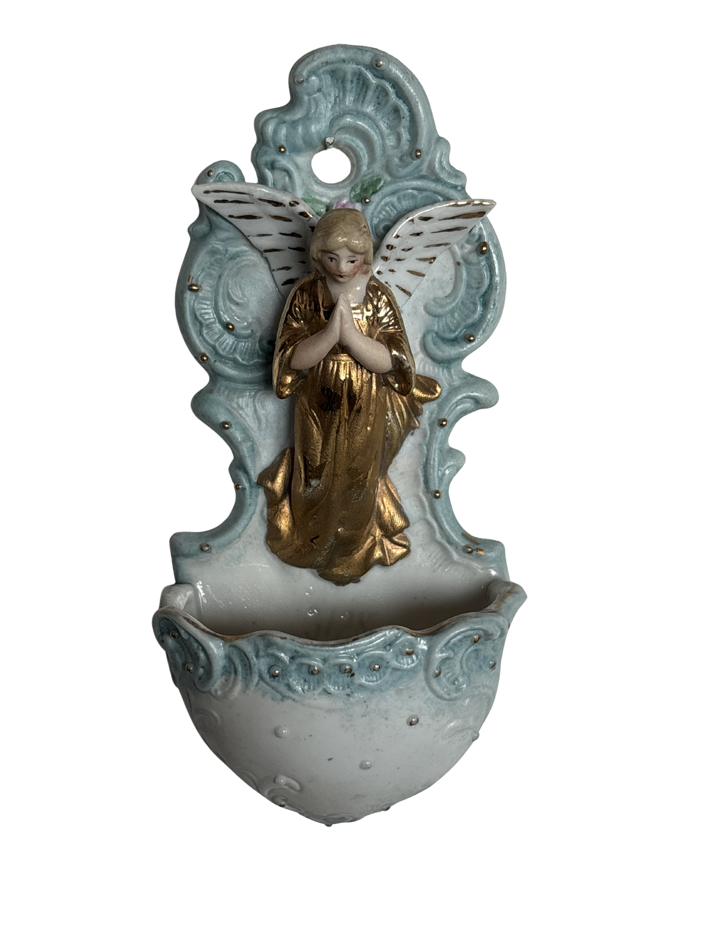 Acquasantiera in ceramica bisquit blu con angelo dorato