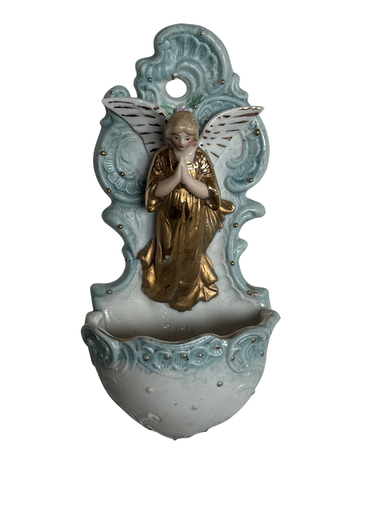 Acquasantiera in ceramica bisquit blu con angelo dorato