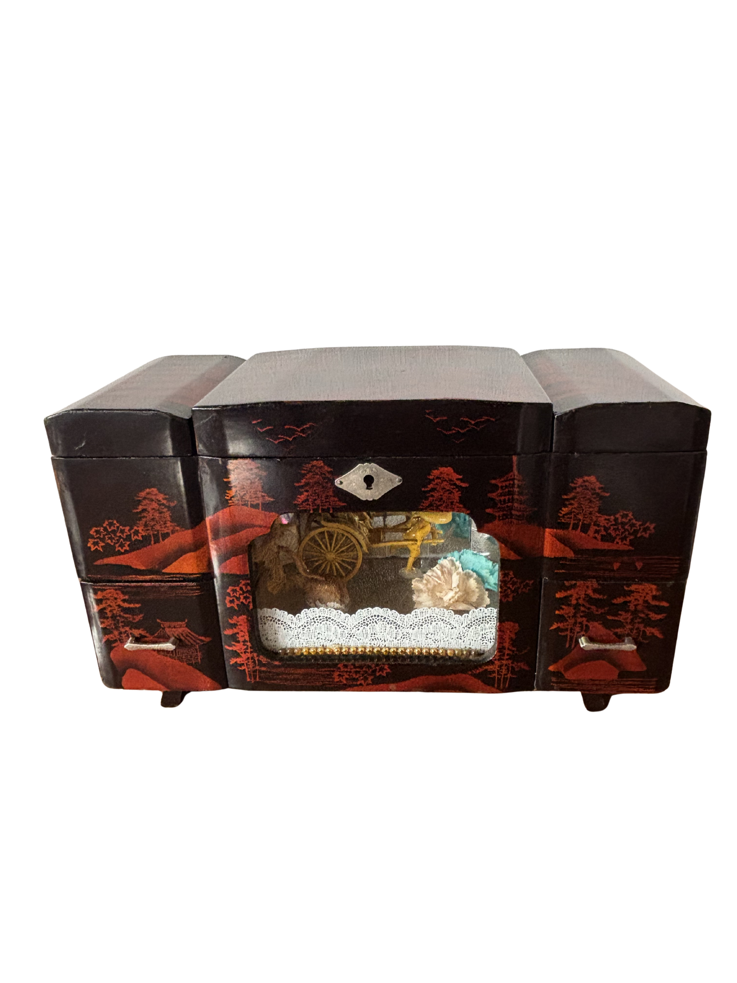 Japanese jewelry box with illuminated rickshaw scene