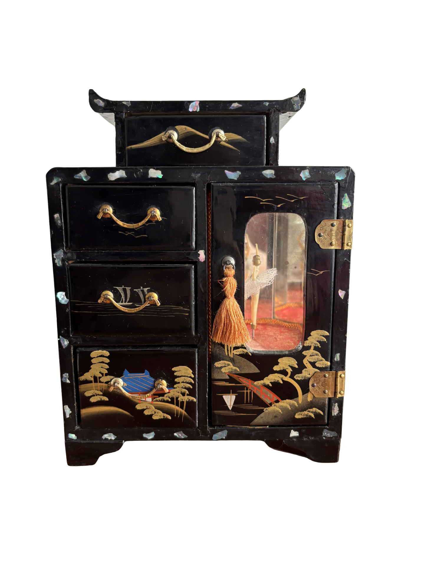 Portagioie giapponese laccato con cassettini e anta laterale