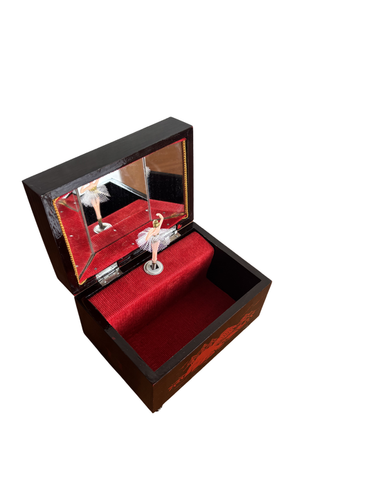 Piccolo portagioie giapponese vintage con carillon e decorazioni rosse