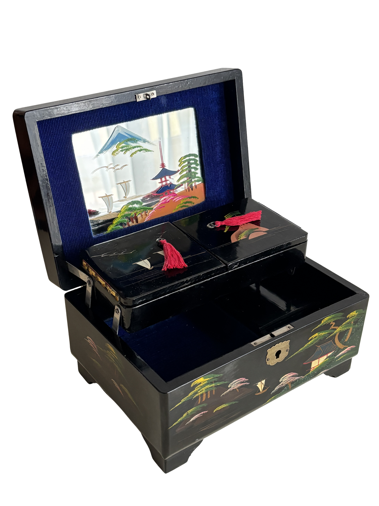Japanische Lackschatulle mit japanischer Musik und traditionell gemaltem Landschaftsmotiv