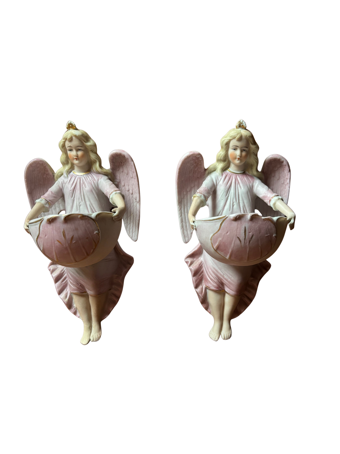 Pair of Biscuit Ceramic Holy Water Fonts with Angels – Early 20th Century