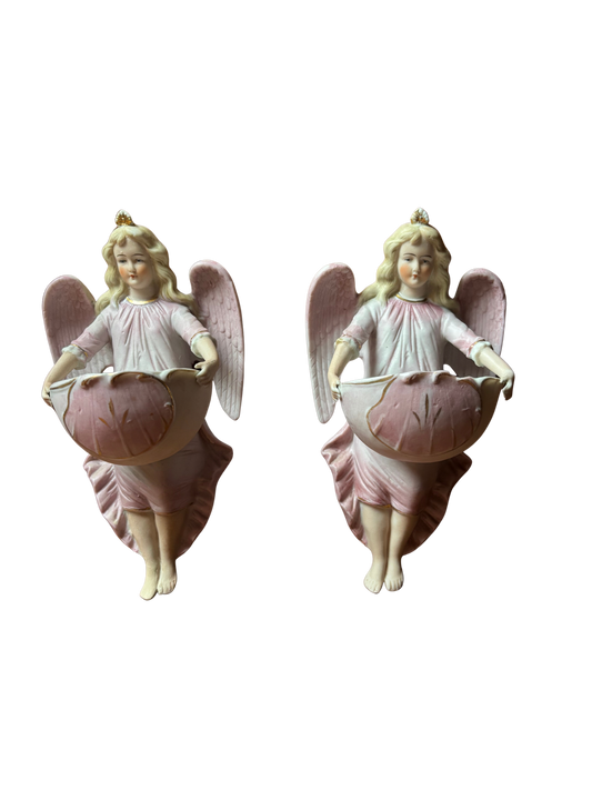 Pair of Biscuit Ceramic Holy Water Fonts with Angels – Early 20th Century