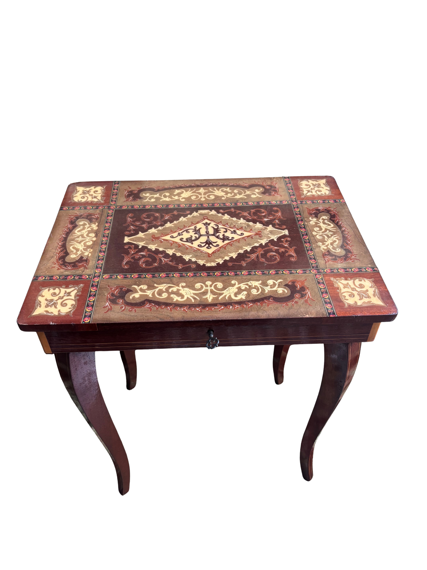 Tavolino musicale italiano intarsiato con carillon funzionante