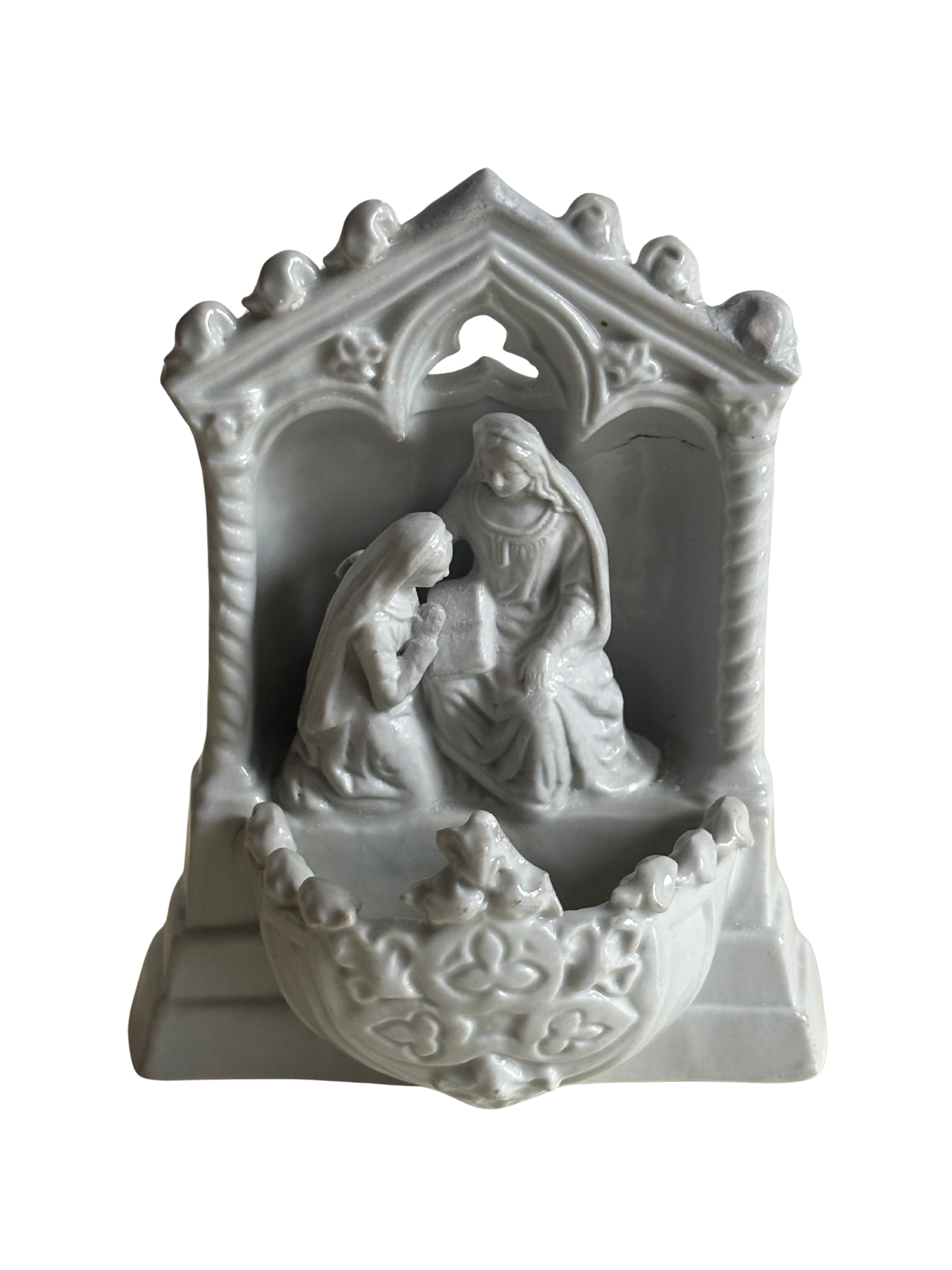 Vintage‑Weihwasserbecken aus glasierter Keramik mit Marienmotiv