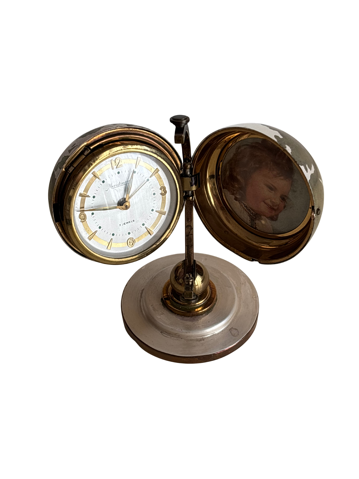 Piccolo mappamondo in metallo con orologio a carica Meridiana e porta foto vintage