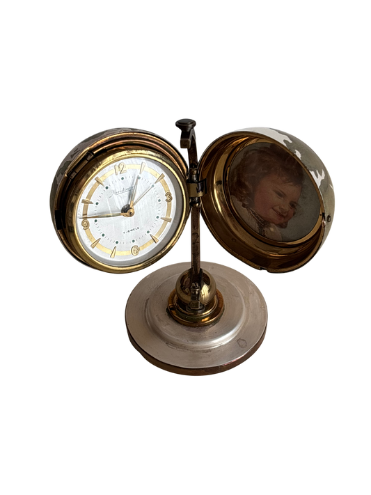 Small Vintage Metal Globe with Meridiana Wind‑Up Clock and Photo Holder