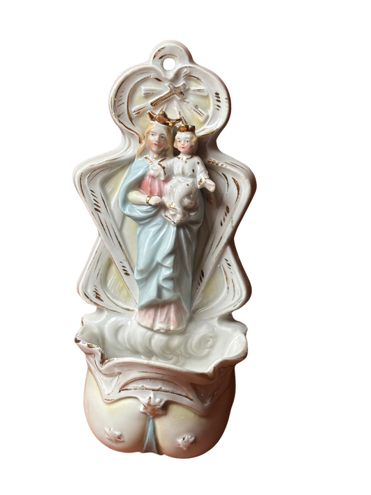 Polychrome Ceramic Holy Water Font with Madonna and Child – 20th Century