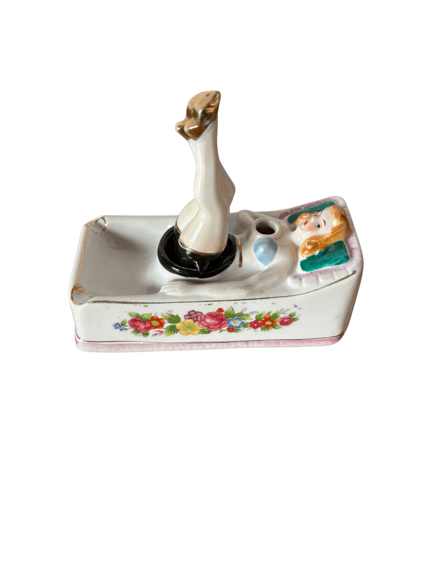 Vintage Ceramic Ashtray – Mid-20th Century Pin-Up Lady with Moving Legs