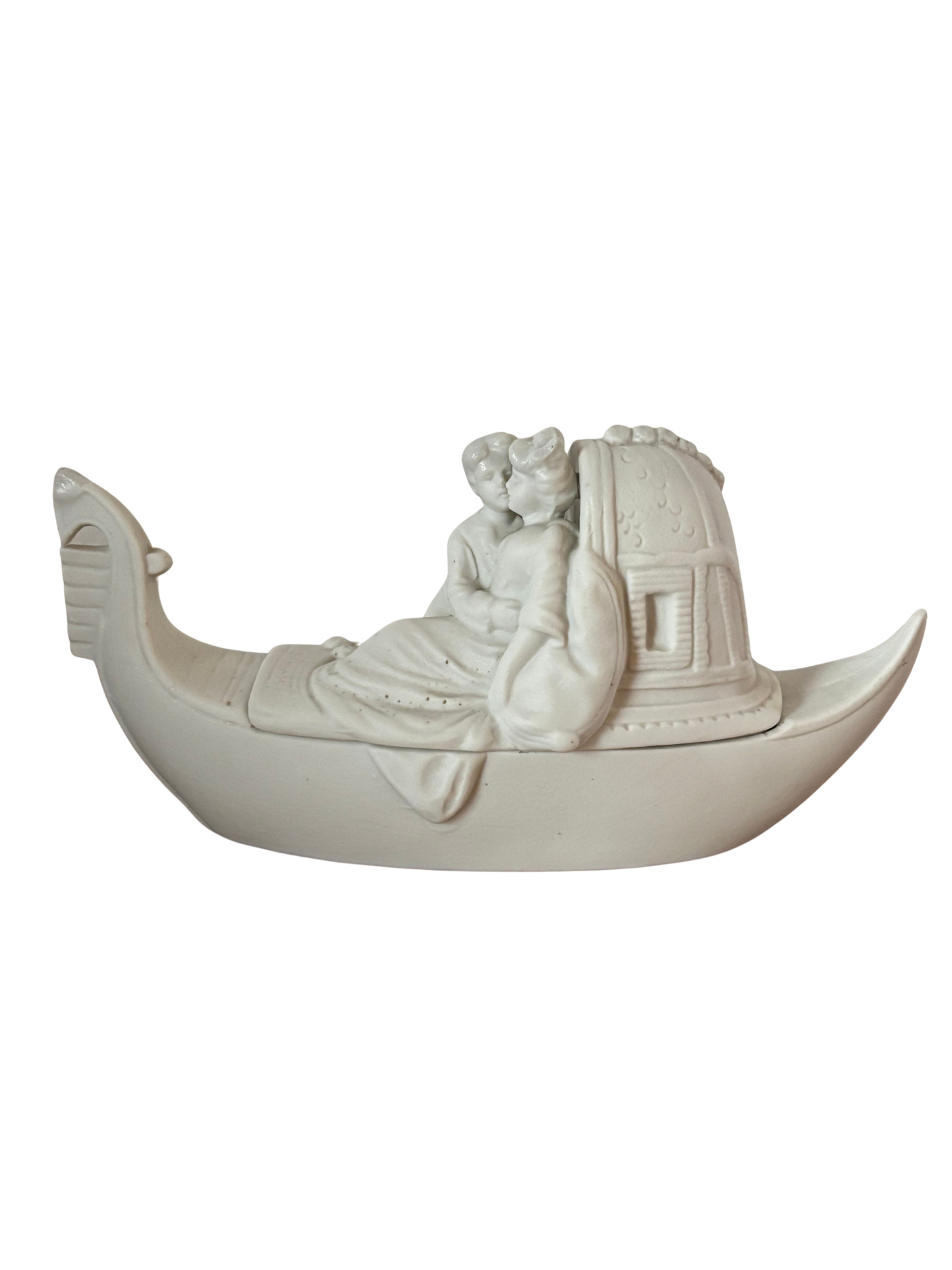 Vasetto in ceramica bisquit – Coppia di amanti in gondola veneziana con coperchio