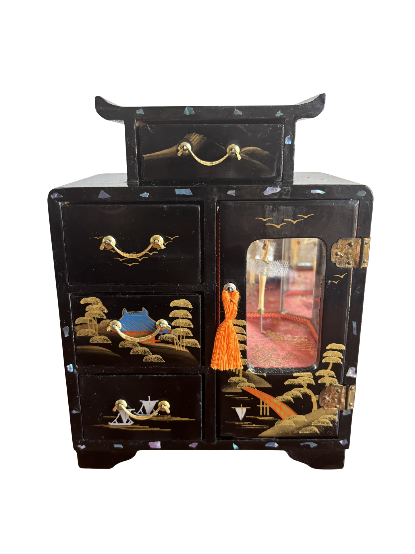 Japanese lacquered jewelry box with drawers and music box with ballerina