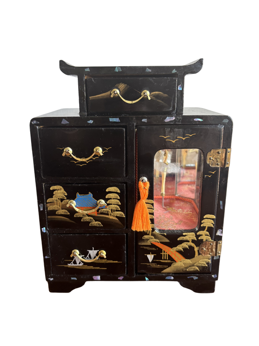 Portagioie giapponese laccato con cassettini e carillon con ballerina